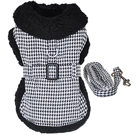 Black and White Classic Houndstooth Dog Harness Coat with Leash: DD-56693