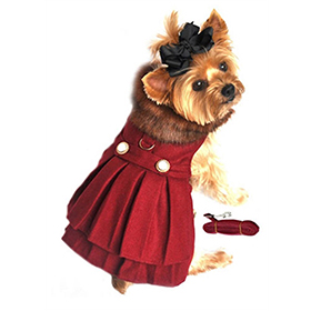Wool FurTrimmed Dog Harness Coat  Burgundy: DD-60034