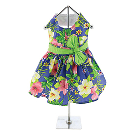 Blue Lagoon Hawaiian Hibiscus Dog Dress with Matching Leash: DD-66887