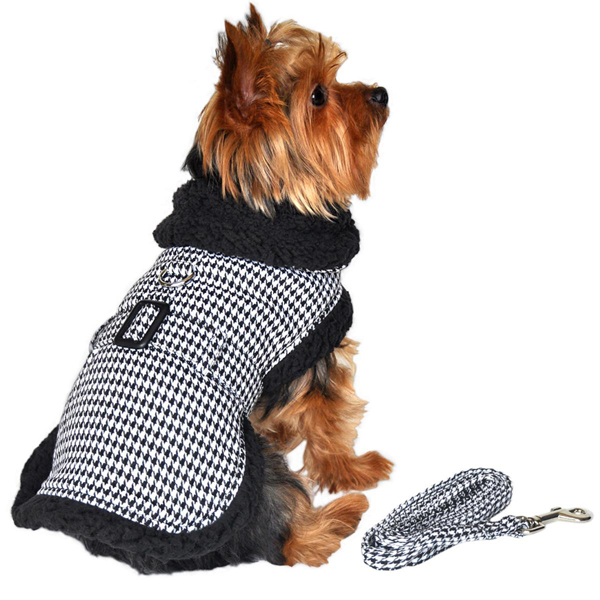 Black and White Classic Houndstooth Dog Harness Coat with Leash: DD-56693V3