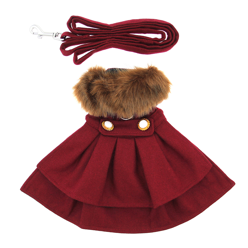 Wool FurTrimmed Dog Harness Coat  Burgundy: DD-60034V1