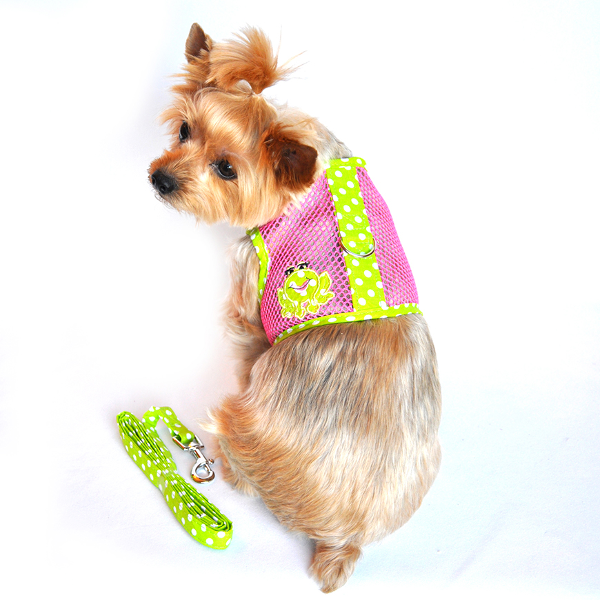 Cool Mesh Dog Harness Under the Sea Collection  Frog Green Dot and Pink: DD-60971V3